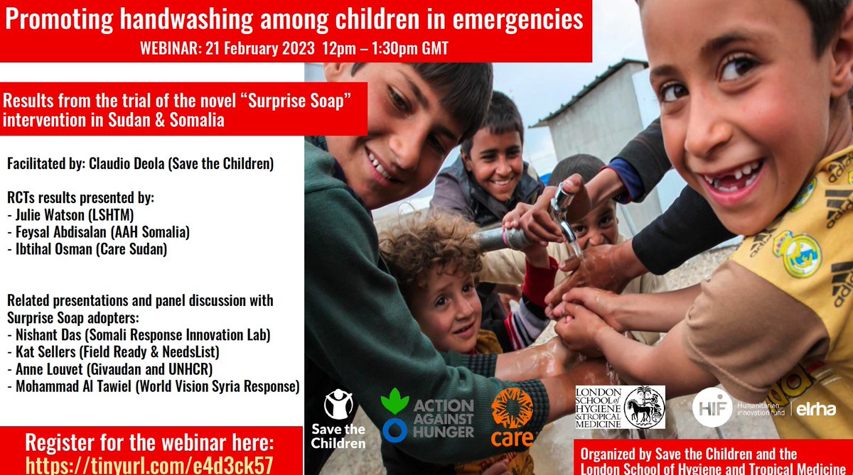 How do we get children to wash their hands in emergencies? 

Join a webinar on tue 21 Feb 12:00 UK to hear trial results of “Surprise Soap” – a novel handwashing intervention – in humanitarian sites in Sudan & Somalia 

Register here: tinyurl.com/e4d3ck57

#WASHtwitter