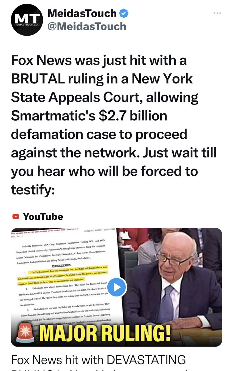 MFWitches's tweet photo. This is the funniest thing we’ve read all week.

Murdoch could be up for a SIX BILLION Australian dollar payout to voting machine companies Smartmatic and Dominion, for being brave enough to stand up to his lies.

His appeals just keep falling over.

HAHAHAHAHAHAHA.

#NewsCorpse https://t.co/UwaVXMjNwB