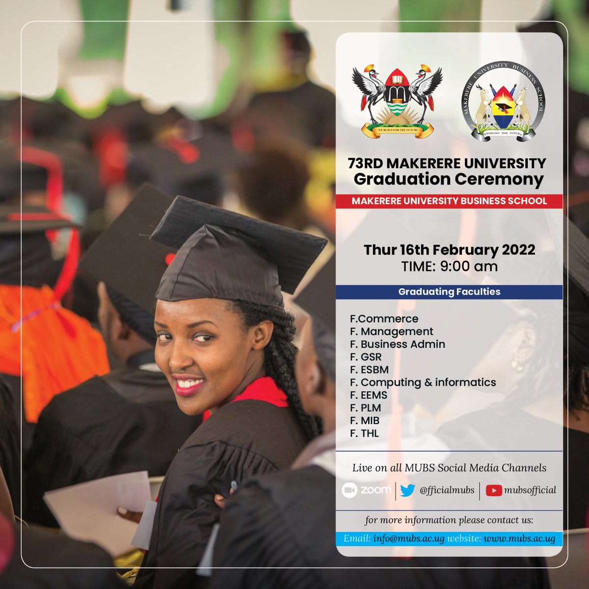Congratulations to all Makerere University Business School (MUBS) Graduands 🎉🎊
#EnablingTheFuture
#Mak73rdGrad 
#BuildingForTheFuture
Cc. @OfficialMubs @dos_Mubs
@actiongovt @jwbalunywa @KAMOGABRUNO5
Yours,
#BASALIRWAJB
@BasalirwaJB 🎉 (Proud Alumnus 🥳)