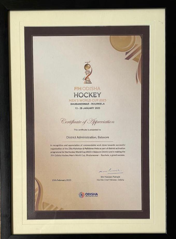 On behalf of Team Balasore, Collector Balasore received an appreciation certificate from Hon. Chief minister for the successful organisation of District Festival - Kosamb during #hockeyworldcup2023. Thank you team. <a href="/sports_odisha/">Odisha Sports</a> <a href="/odisha_tourism/">Odisha Tourism</a> <a href="/ormas_odisha/">ORMAS_ODISHA</a> <a href="/CMO_Odisha/">CMO Odisha</a>