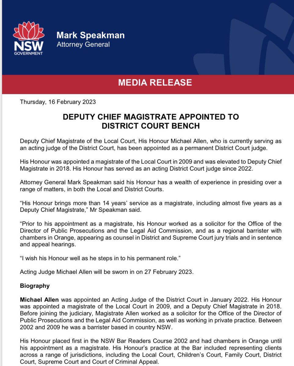 MarkSpeakman's tweet photo. ⚖️ I congratulate Deputy Chief Magistrate Michael Allen, who will be sworn in as a permanent @NSWDstCt judge on 27 February.
#nswlaw #auslaw https://t.co/QtyP2W4BZT