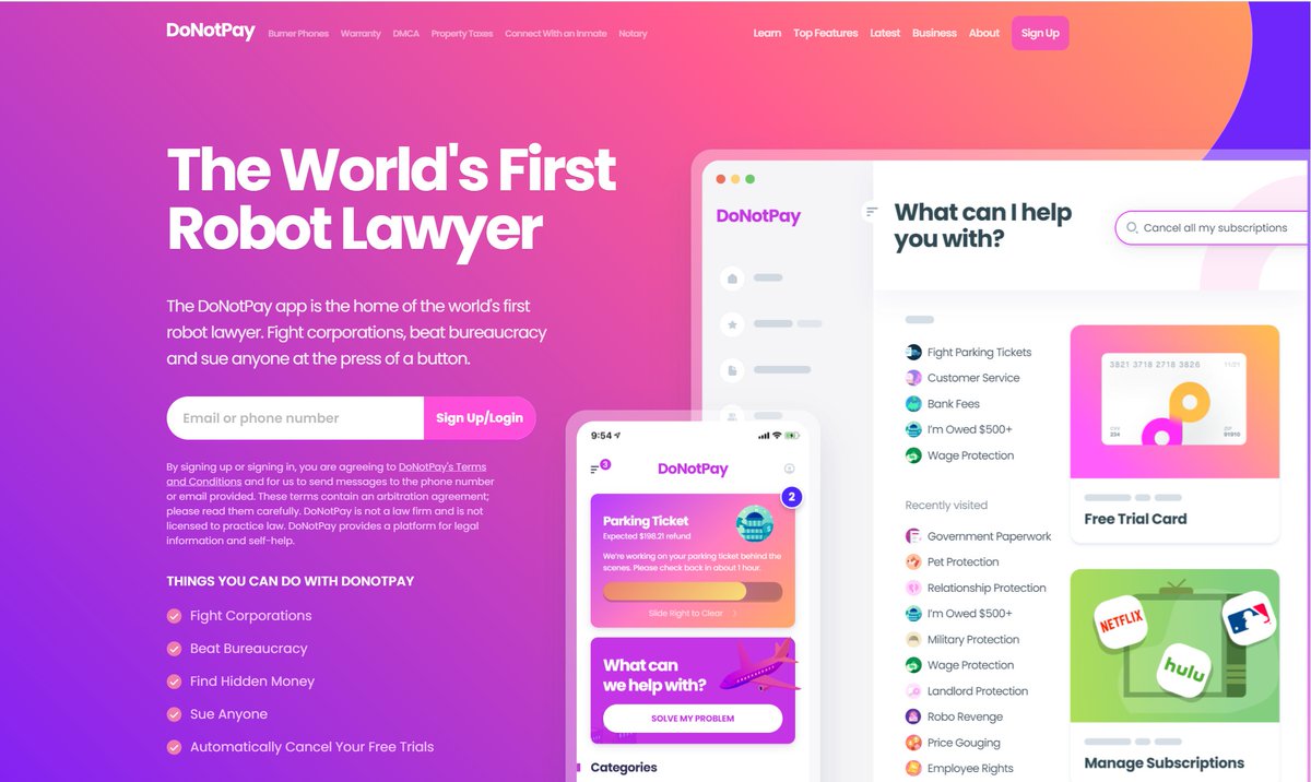 pixyloweb's tweet photo. Get legal help with just the click of a button! 

DoNotPay's robot lawyer lets you fight corporations, beat bureaucracy, find hidden money, sue anyone, and even automatically cancel free trials

https://t.co/N8WrYdownq

#Lawyers https://t.co/YSkL0mKZDe