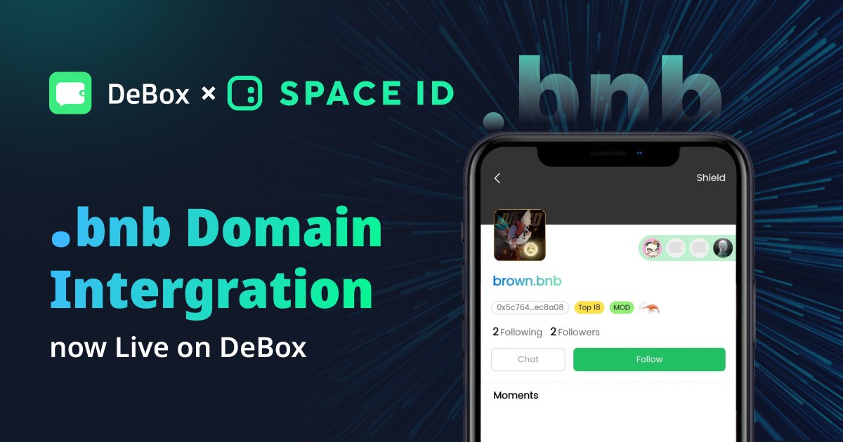 ⚡️Thrilled to announce that the integration of 
<a href="/spaceid/"></a> x <a href="/DeBox_Social/">DeBox</a> is officially live!

🎁All .bnb domain name holders can claim a total of 2000$vDBX

⬇️Join &amp; Claim
debox.space/dao/SY6TXQQe
👉Retweet, draw extra 8*150$vDBX

Q&amp;A 
<a href="/Debox_Support/">Debox_Support</a>
#BNBDomains #BNBChain