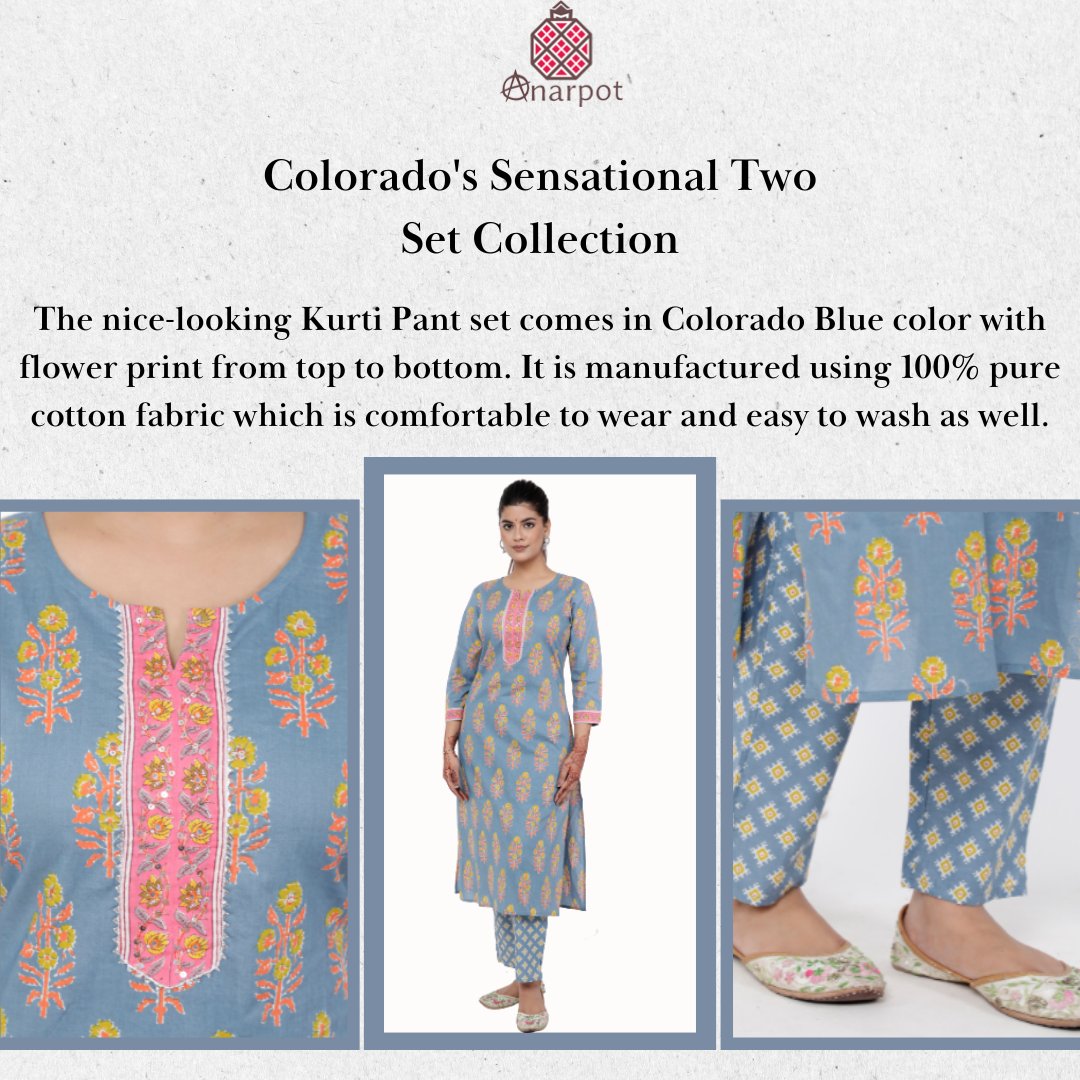 Anarpot1's tweet photo. Colorado sensational two set 💙💙

The nice-looking Kurti Pant set comes in Colorado Blue colour with flower print from top to bottom. 💗

Buy from here https://t.co/kzz4CgpR8o 

 #summeroutfit #comfortable #textiledesign  #clothing #onlinshop #summercollection #pantset #kurtiset https://t.co/8k6NaAWXQL