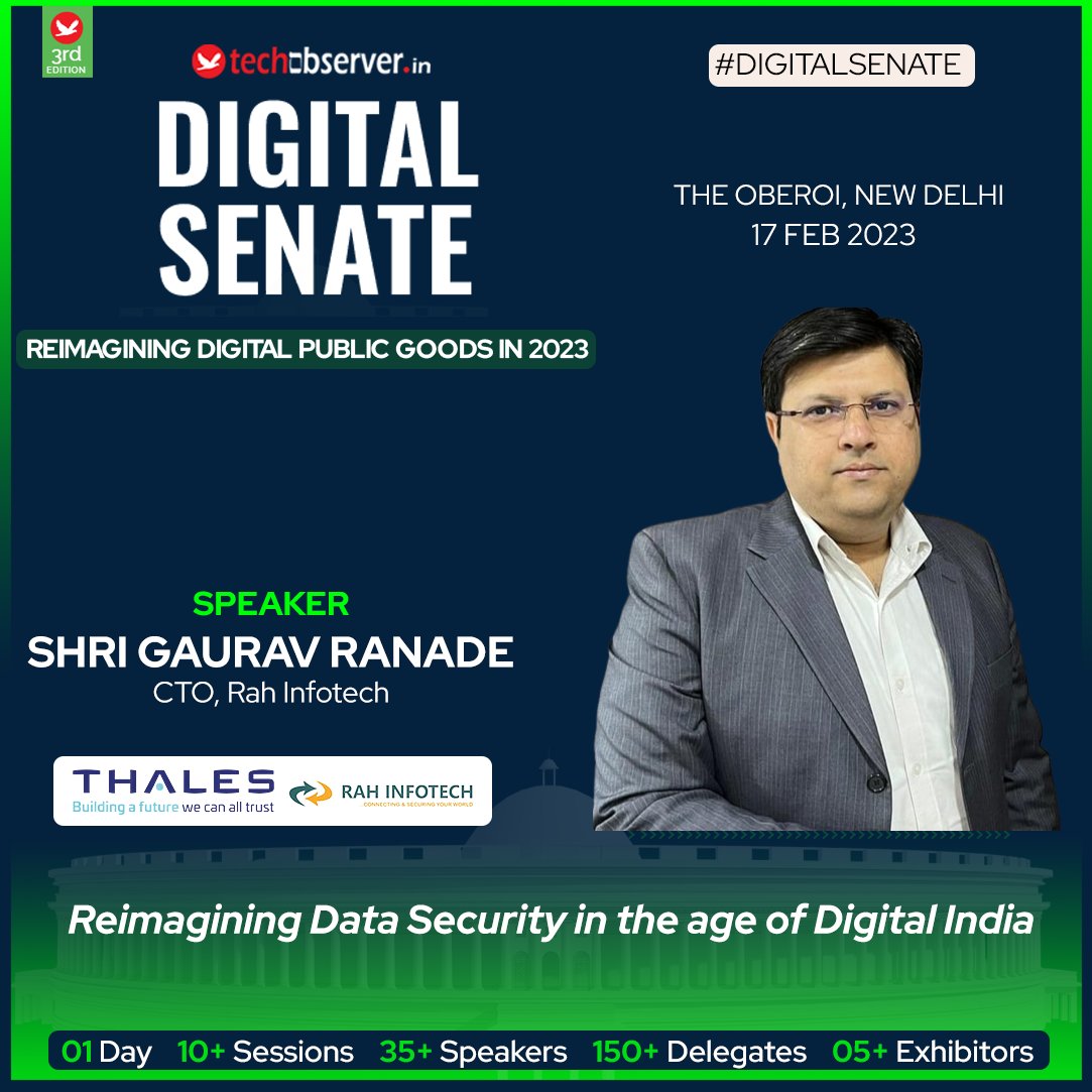 EducationSabha's tweet photo. Join Shri Gaurav Ranade, CTO, Rah Infotech at #DigitalSenate 2023 on 17th Feb at The Oberoi, Delhi as he shares his views on "Reimagining Data Security in the age of Digital India."

Register: https://t.co/lrAmd7JFjL #cybersecurity https://t.co/clNiqszB2l
