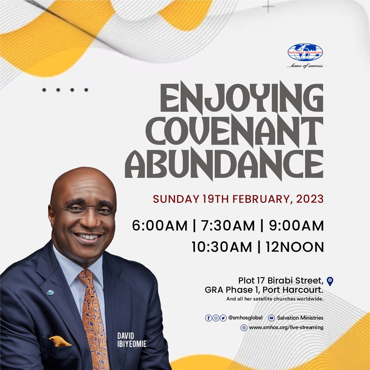 smhosglobal's tweet photo. Covenant abundance is your inheritance as a child of God. Make it a priority to be in service, this Sunday, as we gather in God's Presence to worship and learn His Word. Come with a friend or a family member. We love you.
#SalvationMinistries #DavidIbiyeomie https://t.co/LC1nhEpXdv