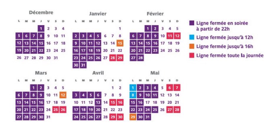 [#travaux #ligne14] En 2023, votre ligne sera fermée :
➡️ dès 22h, les lundis, mardis, mercredis et jeudis soir, jusqu'au 31 mai
➡️ jusqu'à 16h, les 12 mars et 29 mai
➡️ jusqu'à midi, les 1er et 8 mai
#RATP