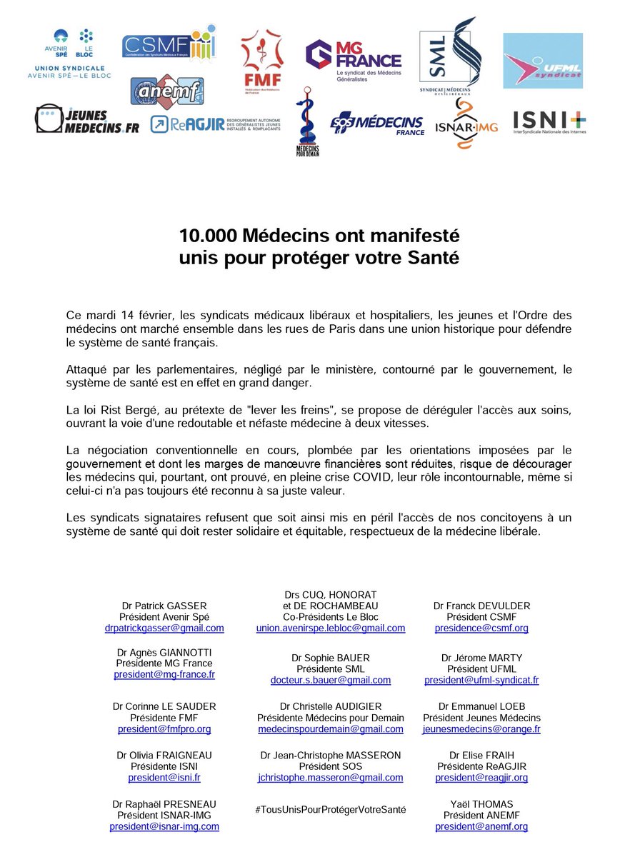 MG_France's tweet photo. 10.000 #Médecins ont manifesté tous unis ce mardi 14 février 2023 pour protéger votre #Santé !

@Avenir_Spe @CSMF_officiel @FMFofficiel @MG_France @LE_SML @UFMLSYNDICAT @SOSMEDECINSFRAN @JeunesmedecinsF @ReAGJIR @MedPourDemain @ISNARIMG @ISNItwit @ANEMF @ordre_medecins https://t.co/4JPTnmvjIA
