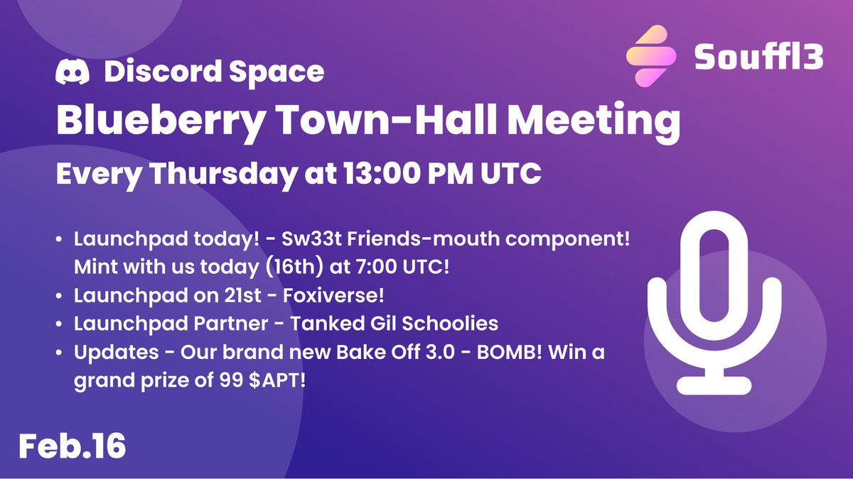 nft_souffl3's tweet image. What's new in Souffl3? Remember to attend the Blueberry Town Hall meeting today!
discord.com/events/1006552…