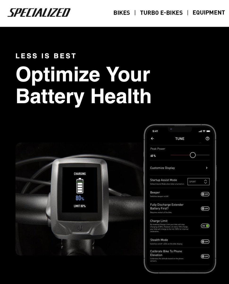 eBikeChick's tweet image. Heads up: @Specialized has a software update for your Turbo #ebike with a new Charge Limit feature that caps battery charging at 80%. It&apos;s great for long-term battery health if you rarely use the full capacity on one ride. Check with your dealer. #biketech