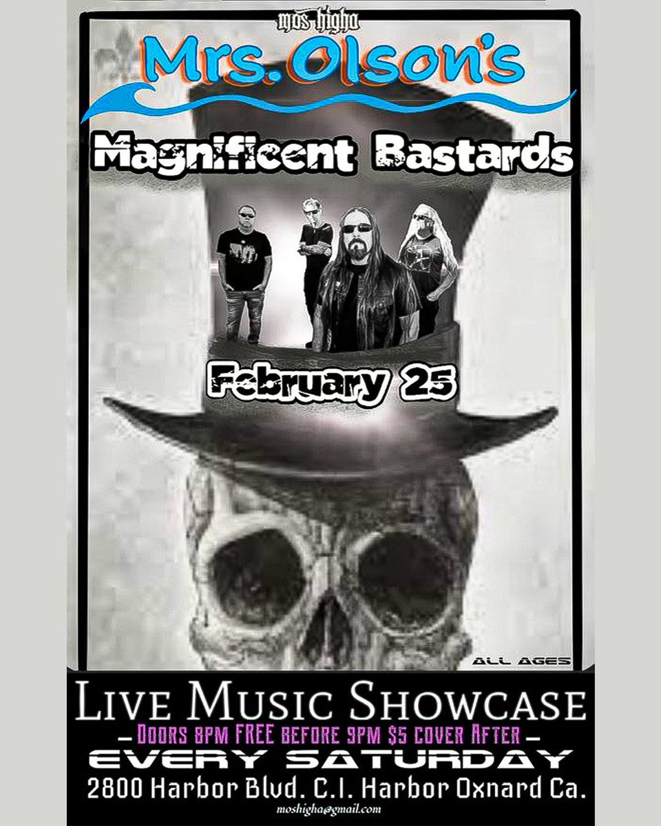 MrsOlsonsEvents's tweet photo. Magnificent Bastards performing LIVE February 25th!
Doors open at 8pm!
Come join us for events, drinks, and great music!
#mrsolsons #LocalVentura #venturacounty #livebands #venturalocal #coverbandinoxnard #harbor #channelislandsharbor https://t.co/8uDKrxlHRB
