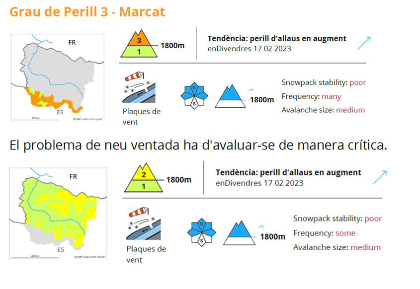 Lauegi's tweet photo. Actualisacion 16/2/2023 👉https://t.co/eVaDgMqsyw 
Atencion as plaques de vent en ombrèrs sustot deth limit S
Eth perilh de #lauegi ei MERCAT 3 per Plaques de vent en limit S e MODERAT 2 ena resta.

@conselharan @Val_dAran #Allaus #Aludes https://t.co/eLWltYt9uV