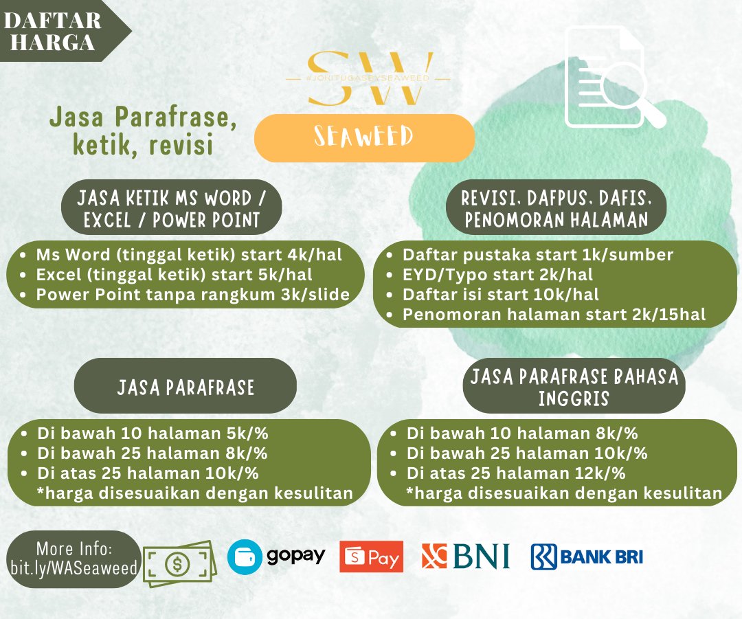 brxyfa's tweet photo. Hallo guys sekarang sudah ready jasa parafrase, revisi, jasa ketik, cek plagiasi turnitin. Pengerjaan cepat dan hasil memuaskan. More info cek bio guys 🤗🤗  #jokitugasbyseaweed #zonaba #zonauang #turnitinbyseaweed https://t.co/8dlV8EaGG7