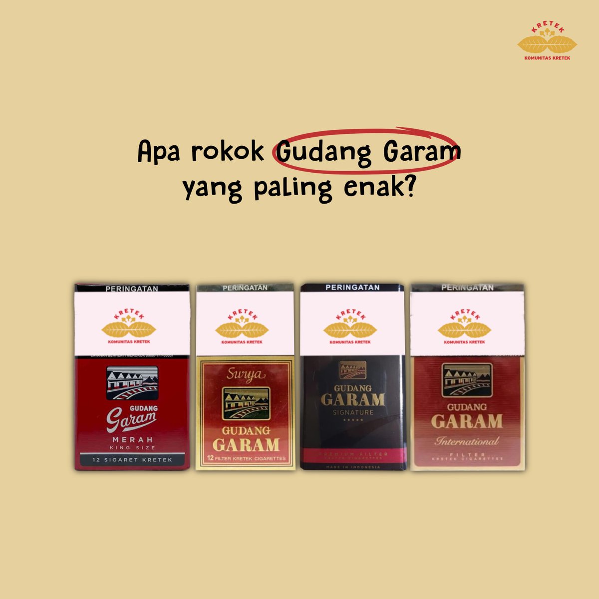 KomunitasKretek's tweet photo. Rokok gudang garam paling enak menurut kalian, lur? https://t.co/oZrh5Qpjsn