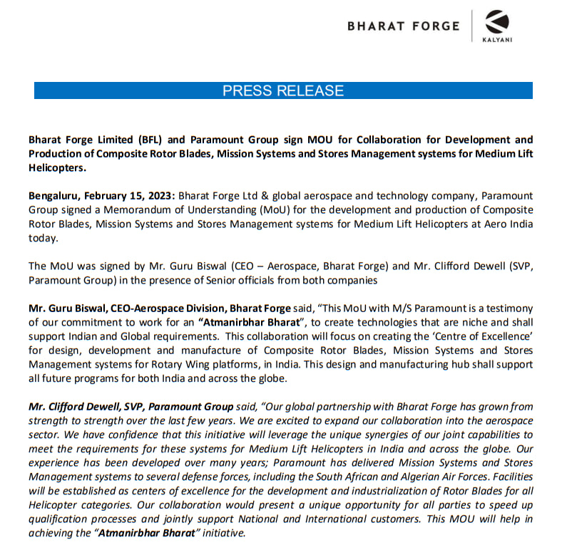 MarketVedantA's tweet image. Bharat Forge Limited (BFL) and Paramount Group sign MOU for Collaboration for Development &amp;amp; Production of Composite Rotor Blades, Mission Systems &amp;amp; Stores Management systems for Medium Lift #Helicopters.
#BHARATFORGELTD #PARAMOUNTGROUP #SINGS #MoU #COLLABORATION #DEVELOPMENT