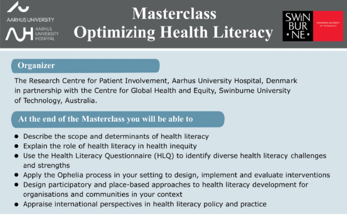 RichardOsborne4's tweet photo. Come and get practical skills and knowledge about how #HealthLiteracyDevelopment can be used to improve your impact on health and equity in your country, region, service or clinic. 
Denmark: 27-28 April. 
Register: https://t.co/PSlPJA6HVP https://t.co/PbEYp8esai