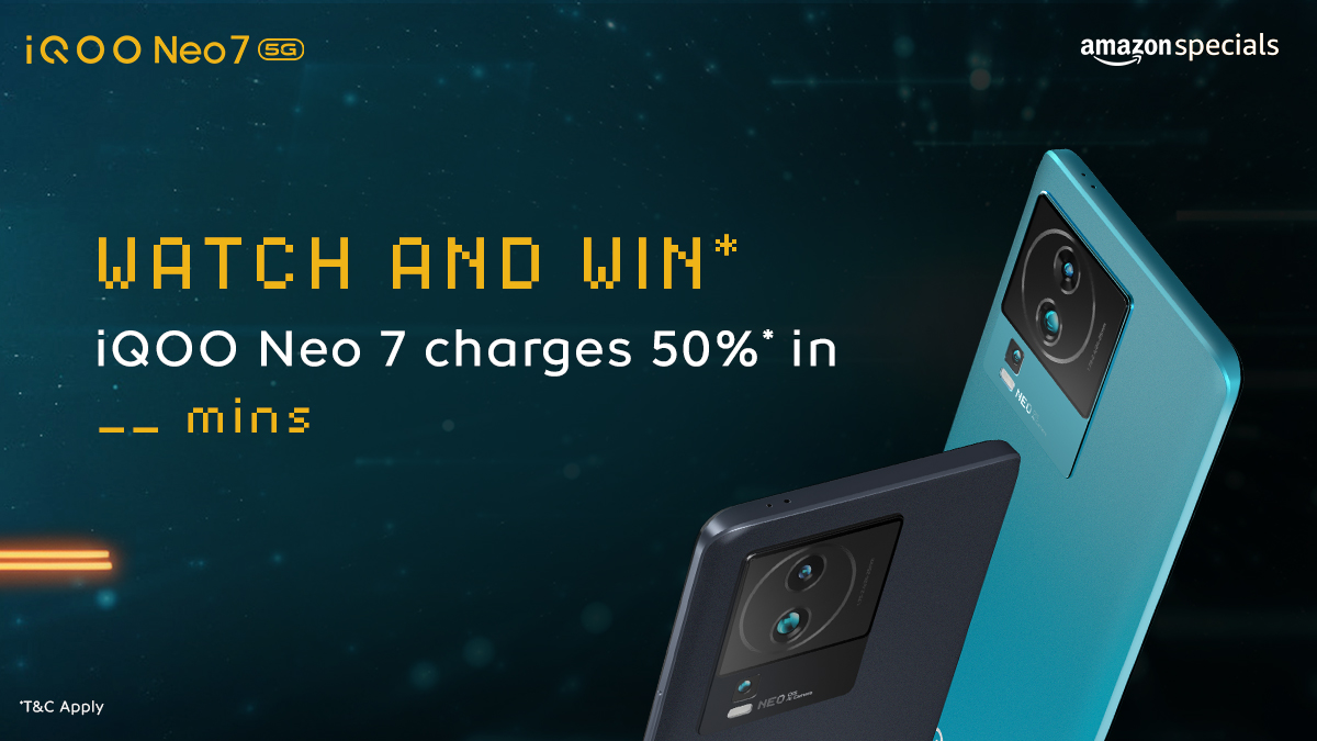 IqooInd's tweet photo. Watch &amp; win*, #iQOONeo7 charges 50%* in _ _ mins!

How to participate -
- QRT your answer with #iQOONeo7 #PowerToWin #AmazonSpecials
- Tag 3 friends
- Follow @IqooInd on Twitter
- *T&amp;C Apply: https://t.co/7UcVCAiWBb https://t.co/fIKjtITMeI