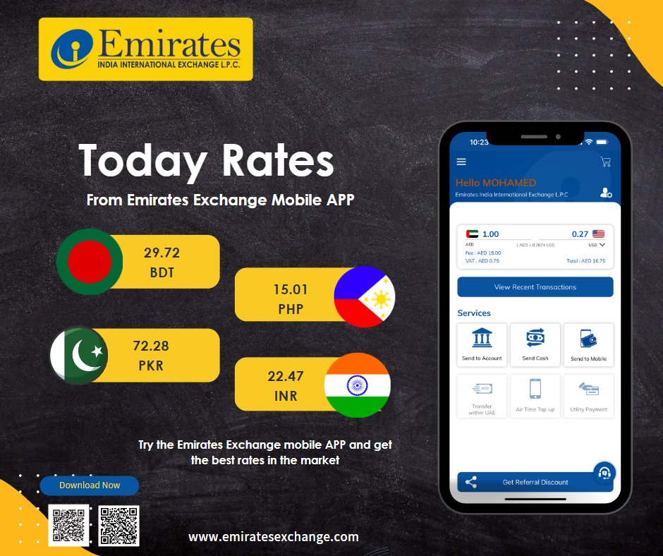 eiiexchange's tweet photo. Today rates from our mobile APP, Send money easily with a few clicks from our APP or Visit your nearest branch, Get the best rates in the market.

#IndiaRupee  #UAE #Remittance #ExchangeRates #pakistanrupee #PisoRate #philppines #EIIE #Emiratesexchange #Emiratesexchangemobileapp https://t.co/eRKBkX5WG2
