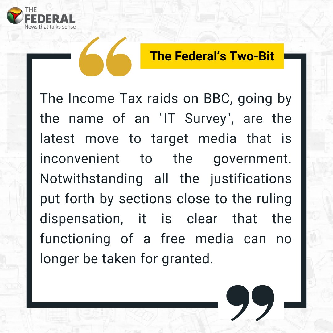 thefederal_desh's tweet photo. "It is clear that the functioning of a free media can no longer be taken for granted."
The Federal's Two-Bit on the infamous #ITSurvey: #BBCdocumentary #IncomeTaxRaid #IncomeTax #IncometaxraidsBBC #FreedomOfthePress https://t.co/bJRgGddkJ6