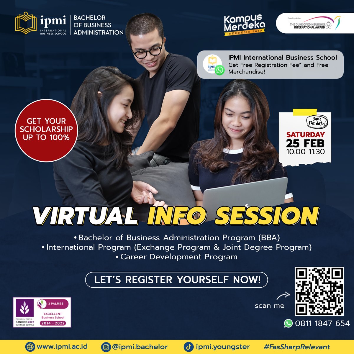 IPMI_Campus's tweet photo. Mari Hadiri!
Virtual Info Session IPMI International Business School!

Detail Virtual Info Session
Tanggal: Sabtu, 25 Februari 2023
Waktu: 10.00 - 11.30 WIB

Daftarkan dirimu sekarang juga melalui Link berikut: 
https://t.co/mrnq7fwHm0 
#FastSharpRelevant
#PenerimaanMahasiswaBaru https://t.co/usSJ5KpTUl