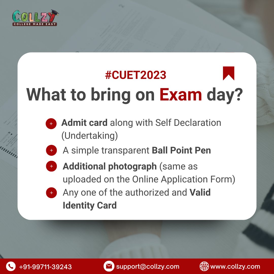 CollzyEdu's tweet photo. Candidates are recommended to be at the examination center two hours prior to the start of the test. Kindly make a note of the documents and supplies you'll need to bring so you may take the test stress-free

#collzy #cuet2023 #delhiuniversity #jamiamilliaislamia https://t.co/9O57jtXQvw