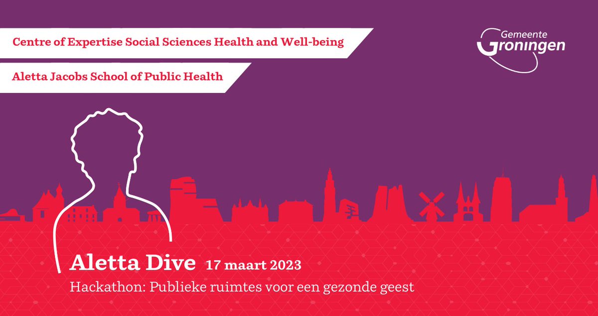 Het expertisecentrum 'Sociale wetenschappen, gezondheid en welbevinden' van de <a href="/univgroningen/">University of Groningen</a>  organiseert samen met <a href="/gem_groningen/">Gemeente Groningen</a> en AJSPH een Hackathon met als thema ‘Publieke ruimtes voor een gezonde geest’!

Doe je mee?

rug.nl/aletta/calenda…
