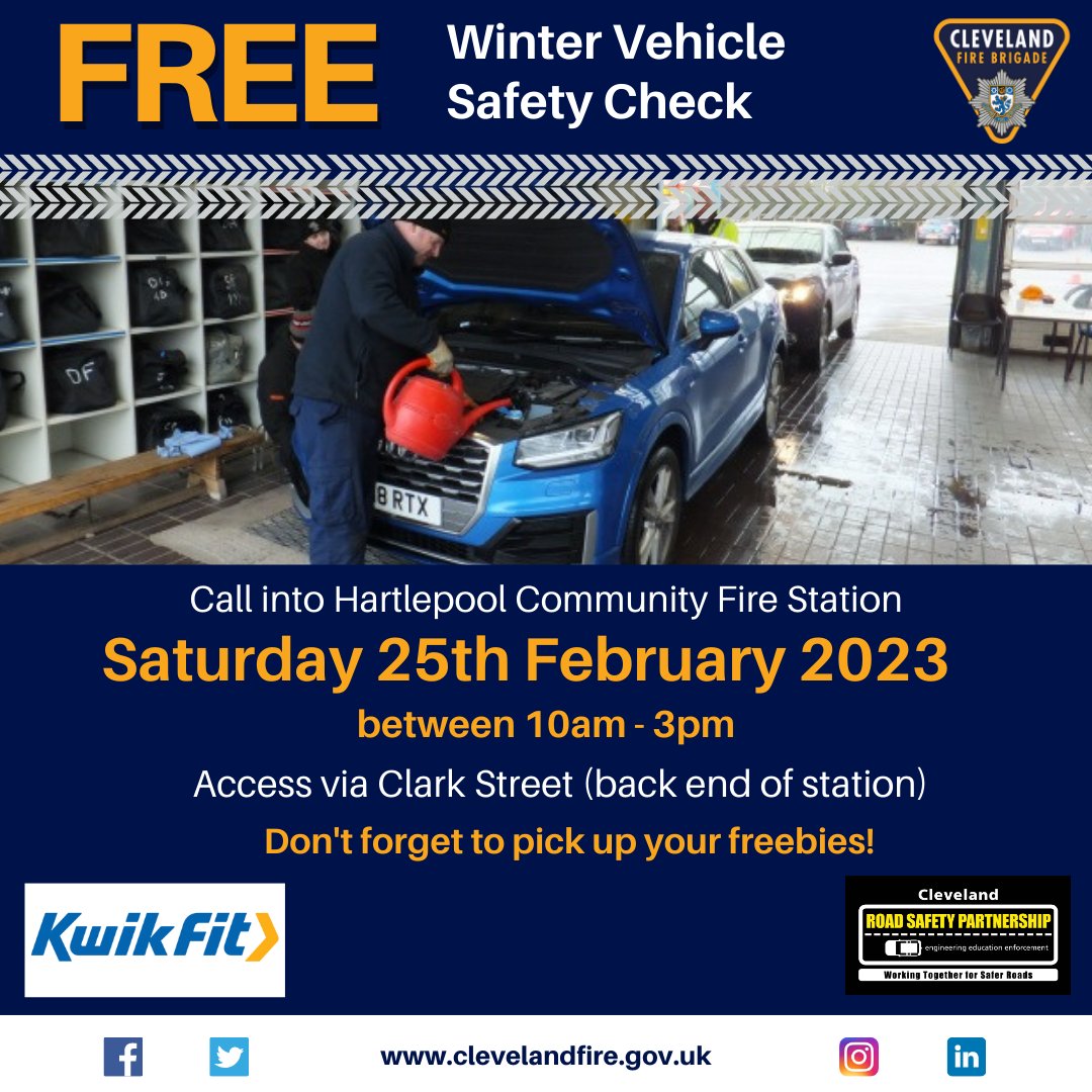 Due to popular demand, Cleveland Fire Brigade along with the Cleveland Road Safety Partnership is offering motorists another chance to get their car checked for FREE at their latest drive-thru vehicle safety check event this month. 🚗

Continue reading: clevelandfire.gov.uk/2023/02/driver…