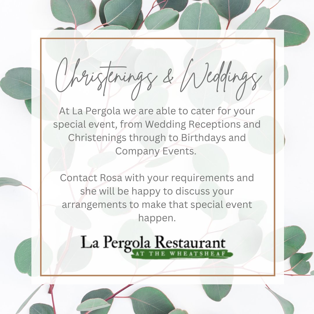 At La Pergola we are able to cater for your special event, from Wedding Receptions and Christenings through to Birthdays and Company Events. Contact us to book, call 01223 260005 or email enquiries@lapergolacambridge.co.uk