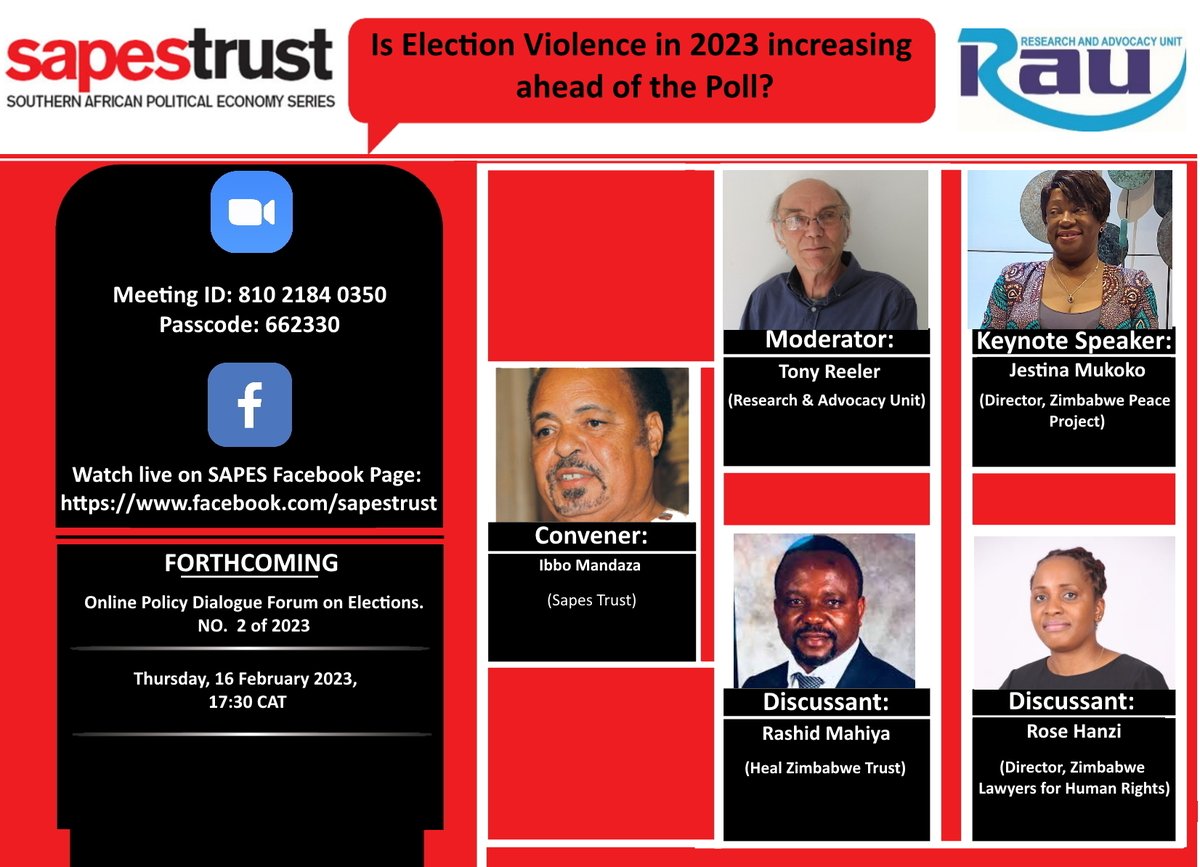 Follow the discussion on #ElectoralViolence ahead of the #2023Elections  today. @rashidmahiya1 @NPRCZim @OpenParlyZw @zppINFO @habakkuktrust @EndingVAWG @NewZimbabweCom @ZANUPF_Official @cccwelfare @votenca2018 @OurMDCT