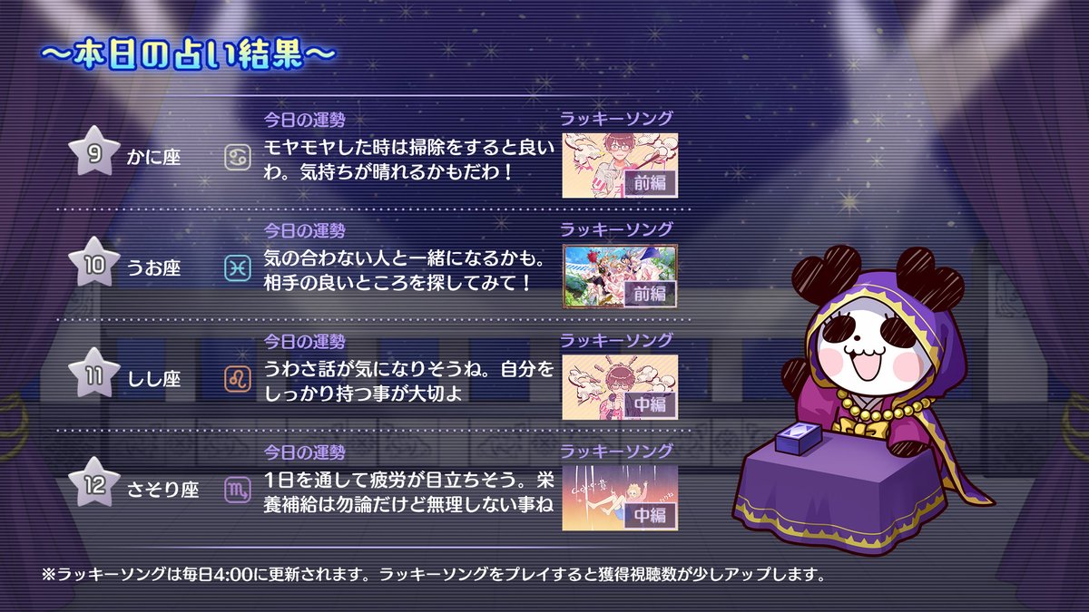 【今日のパンミィ占い🔮】
今日のみんなの占い結果をこっそり教えちゃうわね♪

みんなはどうだったかしら？
ハニプレに遊びに来てくれればラッキーアイテムも教えてあげるわ♡（by パンミィ）

#ハニプレ #パンミィ占い