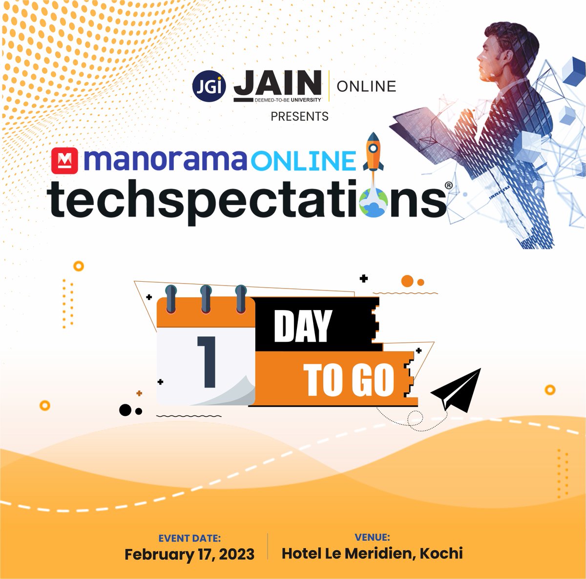 jain_kochi's tweet image. The highly anticipated Techspectations, Kerala&apos;s renowned digital summit, is just around the corner. On February 17, 2023, tech enthusiasts from all over will gather to discuss the latest advances and prospects of the digital industry. 
#Techspectations2023 #OneDayToGo