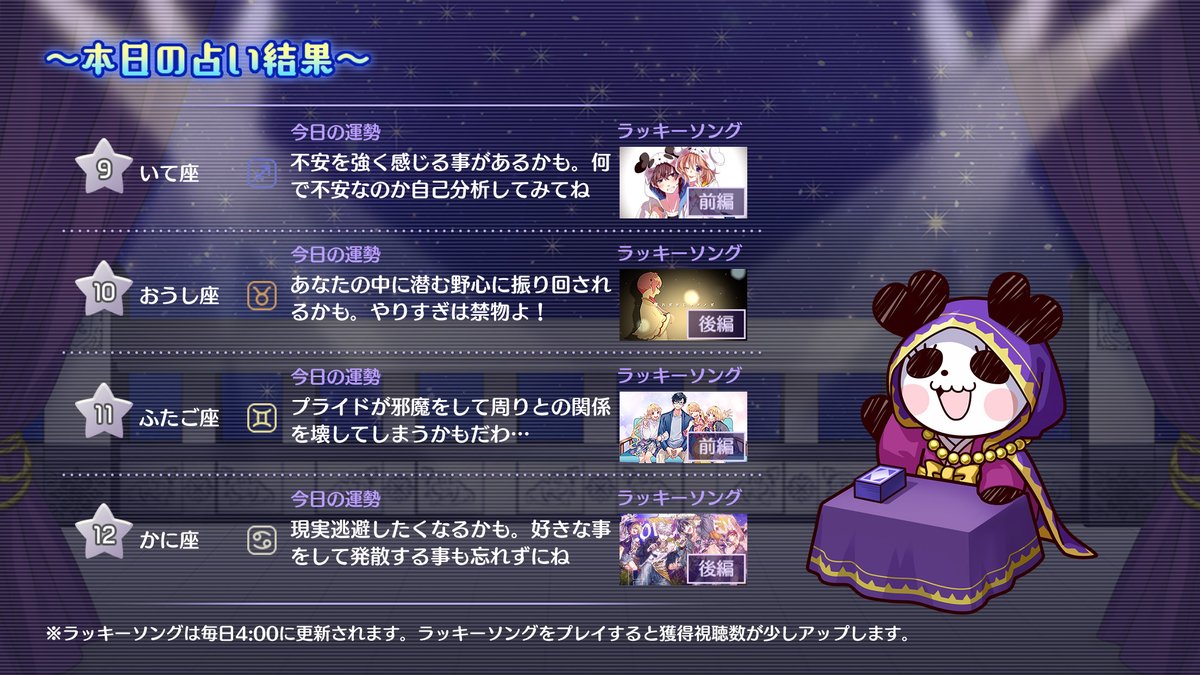 【今日のパンミィ占い🔮】
今日のみんなの占い結果をこっそり教えちゃうわね♪

みんなはどうだったかしら？
ハニプレに遊びに来てくれればラッキーアイテムも教えてあげるわ♡（by パンミィ）

#ハニプレ #パンミィ占い