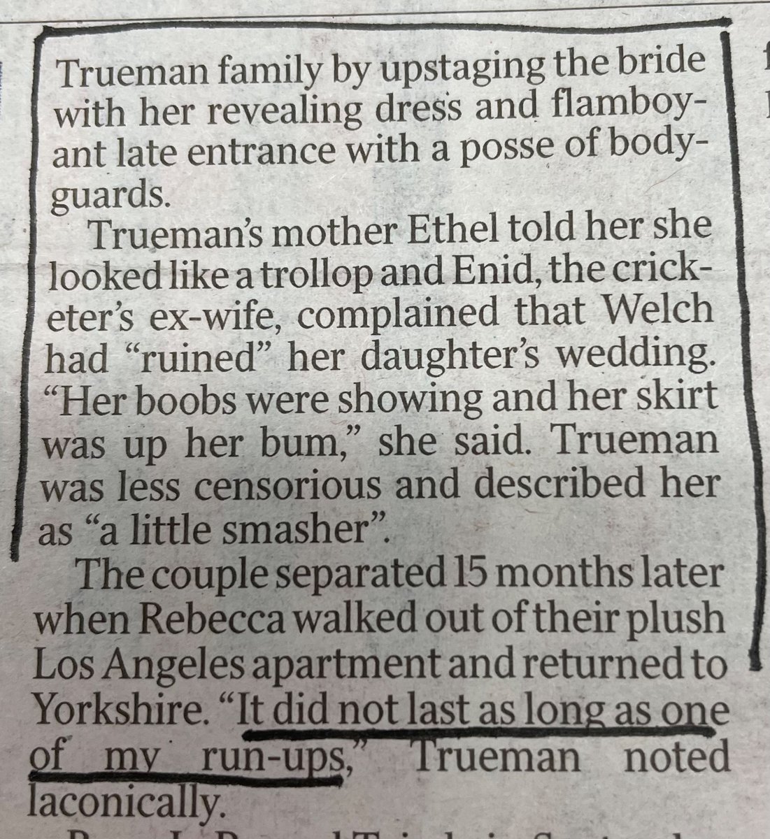 Lovely passage in the Raquel Welch obit in The Times today. Did not know she was one of Fred Trueman's in-laws