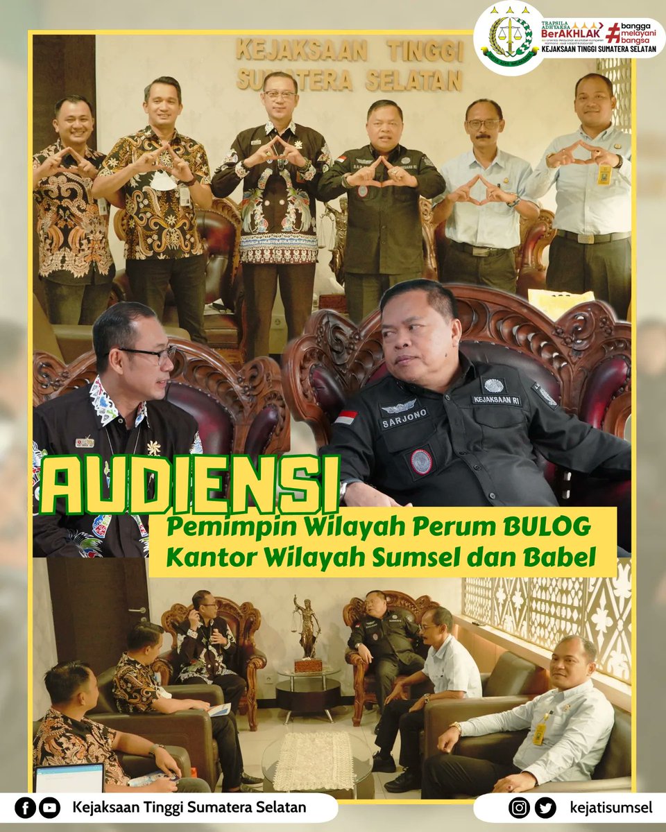 kejatisumsel's tweet photo. Kamis, 16 Februari 2023
Kepala Kejaksaan Tinggi Sumatera Selatan Bapak Sarjono Turin, S.H., M.H menerima kunjungan Pimpinan Wilayah Perum BULOG Kanwil Sumsel dan Babel Bapak Mohamad Alexander  beserta rombongan dalam rangka Aundiensi, bertempat di Kantor Kejaksaan Tinggi https://t.co/GDE0JDcDfD