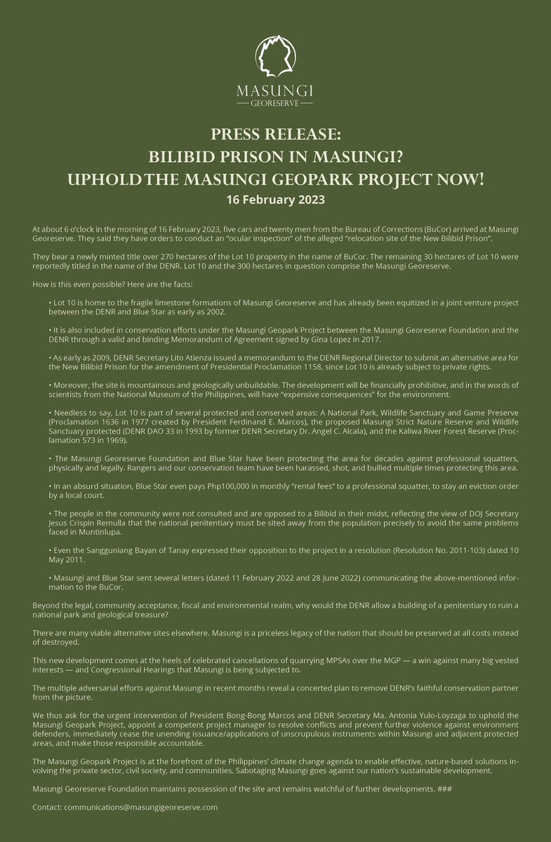 MasungiGeo's tweet photo. [PRESS RELEASE] BILIBID PRISON IN MASUNGI? UPHOLD THE MASUNGI GEOPARK PROJECT NOW!

On 16 February 2023, five cars and 20 men from BuCor arrived at Masungi. They said they have orders to conduct an “ocular inspection” of the alleged “relocation site of the New Bilibid Prison”. https://t.co/uQ2SRzOuVo