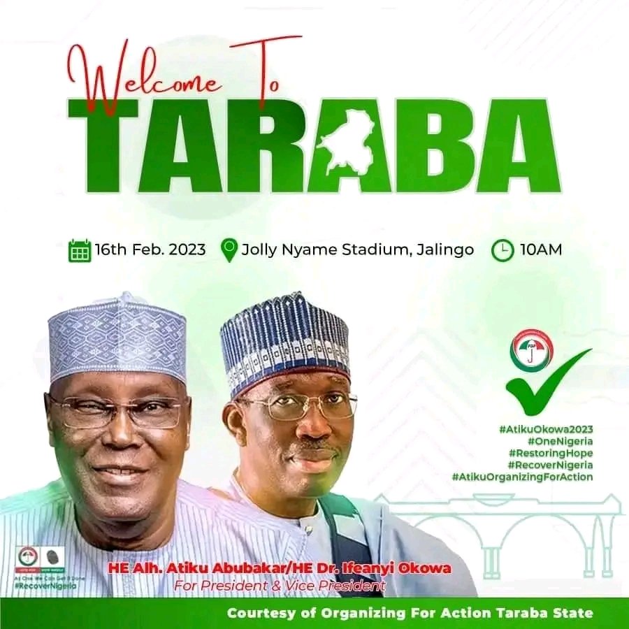 Buluskc's tweet photo. Hello Taraba State

The PDP Presidential Campaign Rally will be live and Direct from Jalingo Taraba State Capital Today 16th February, 2023 
@atiku @OfficialPDPNig
#AtikuOrganizingForAction
#WeWantPDPBack  
#AtikuKawai 
#atikuisOurChoice https://t.co/XbGFjiuVW9