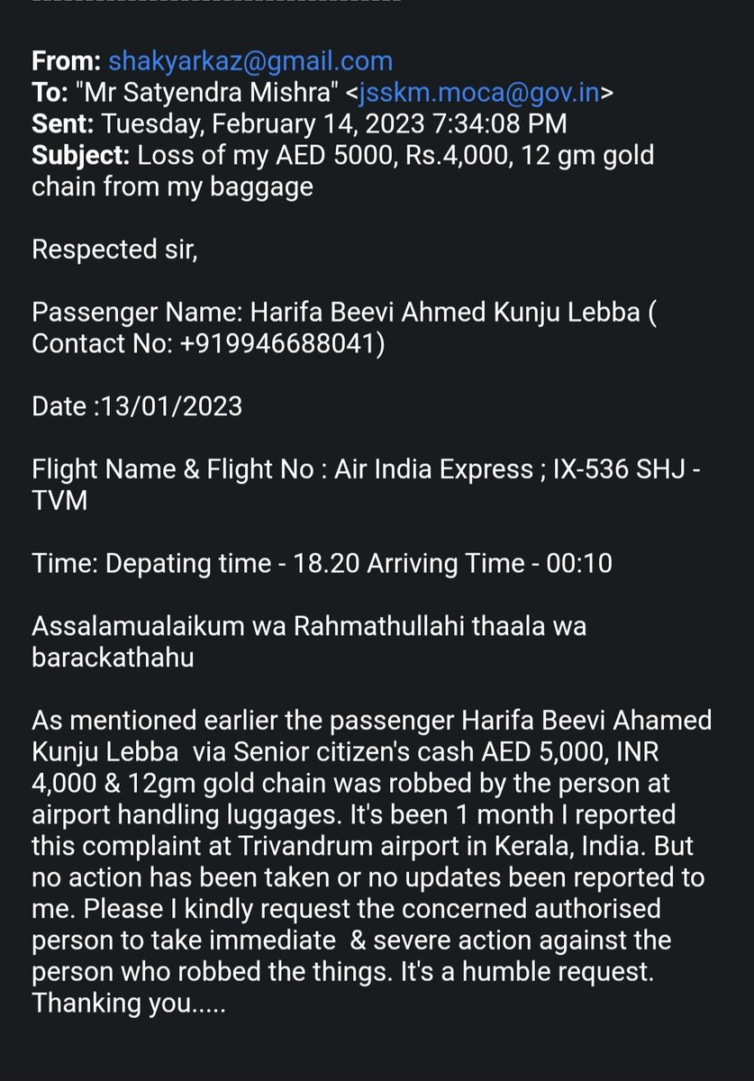 AsharefZakira's tweet photo. @FlyWithIX
 
@PMOIndia
@AirSewa @MoCA  
1month3daysNoActionTakenAgainstTheComplaintRegisteredByASeniorCitizen4RobberyHappenedInAirIndiaExpress
#NeedMoreSurveillanceCamerasInTrivandrumAirportToStopTheft
#NoSafety4OurLuggageInAirIndiaExpressNoResponseFromAirIndiaExpressTVMAirport https://t.co/f1twfJOLJV
