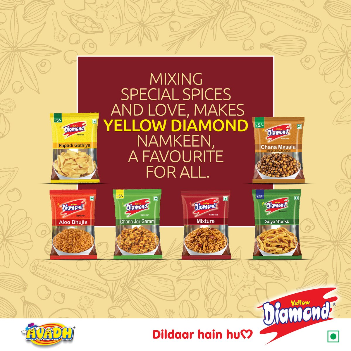YellowDiamondIN's tweet photo. We are sure you have a unique reason to love Yellow Diamond Namkeen, but its spices and flavours are the major reason, that makes it everyone's favourite.
#YellowDiamond #DildaarHainHum #RichFeast #Avadh #Namkeens #FavoriteSnack https://t.co/kMTzersDRr