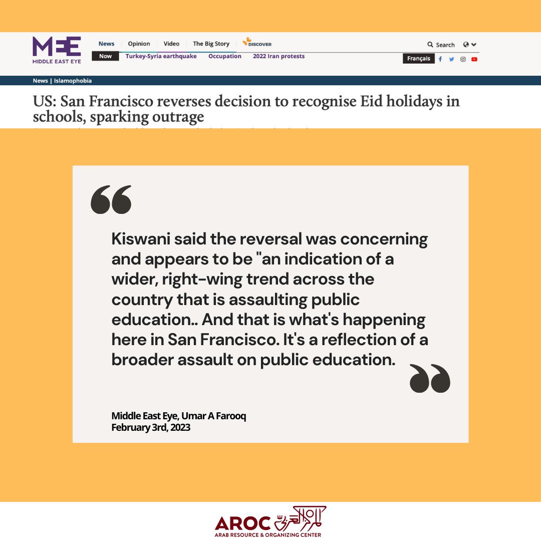 AROCBayArea's tweet photo. The world is paying attention to SF Board of Education’s unjust reversal of the Eid Resolution. This decision dismisses the long hours that SF Arab youth, their families and communities put into fearlessly fighting for their culture to be celebrated and upheld in SFUSD schools. https://t.co/Oab4fnWSlT
