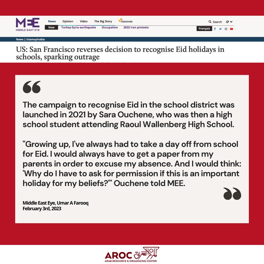 The world is paying attention to SF Board of Education’s unjust reversal of the Eid Resolution. This decision dismisses the long hours that SF Arab youth, their families and communities put into fearlessly fighting for their culture to be celebrated and upheld in SFUSD schools.