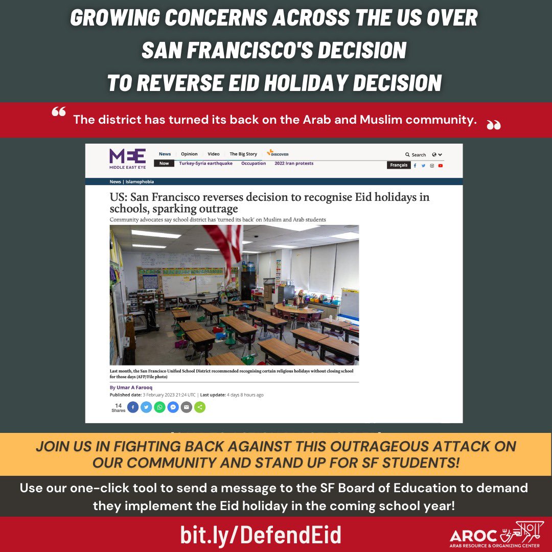 AROCBayArea's tweet photo. The world is paying attention to SF Board of Education’s unjust reversal of the Eid Resolution. This decision dismisses the long hours that SF Arab youth, their families and communities put into fearlessly fighting for their culture to be celebrated and upheld in SFUSD schools. https://t.co/Oab4fnWSlT