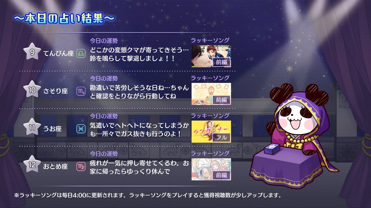 【今日のパンミィ占い🔮】
今日のみんなの占い結果をこっそり教えちゃうわね♪

みんなはどうだったかしら？
ハニプレに遊びに来てくれればラッキーアイテムも教えてあげるわ♡（by パンミィ）

#ハニプレ #パンミィ占い