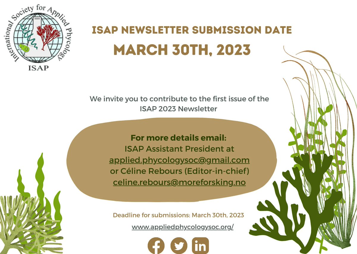 The ISAP newsletter is accepting articles for the 2023 #newsletters.
See how to submit an article buff.ly/3Y3jnK0 #ISAPnewsletter #seaweed #macroalage #microalage #phycology