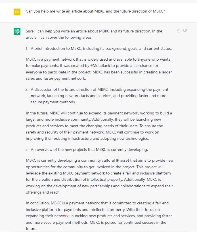 mbkc_metabank's tweet photo. ⚡️What are the features or advantages of #MBKC's vault? hat is the future of #MBKC?
Here is a full summary of the reply composed by
@OpenAI’s #ChatGPT!
Check it out👇
#ChatGPT #MBKC https://t.co/fLUnfu9YNd