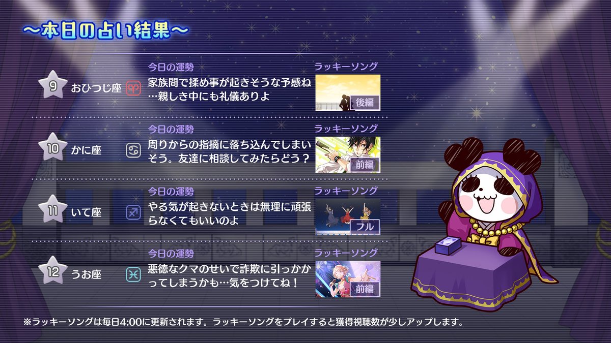 【今日のパンミィ占い🔮】
今日のみんなの占い結果をこっそり教えちゃうわね♪

みんなはどうだったかしら？
ハニプレに遊びに来てくれればラッキーアイテムも教えてあげるわ♡（by パンミィ）

#ハニプレ #パンミィ占い