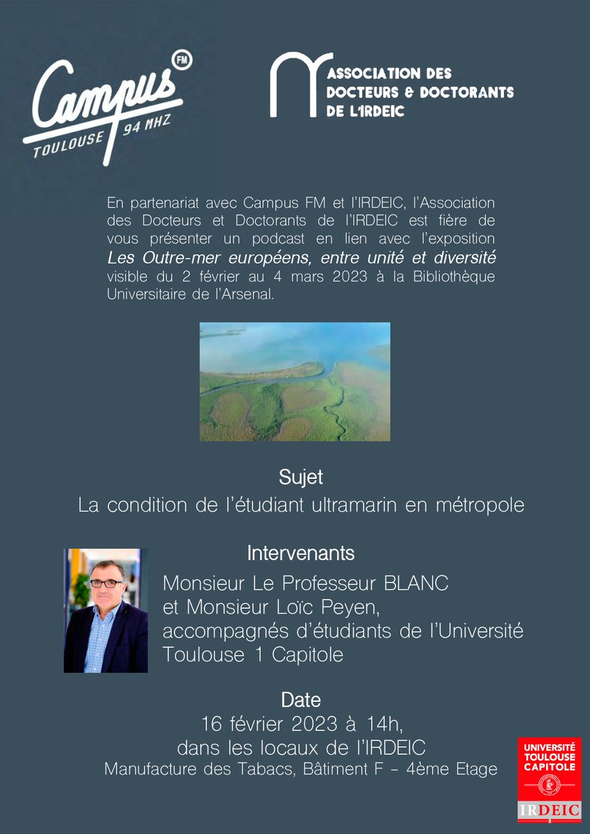 ADD IRDEIC vous propose un plateau radiophonique avec l' @irdeic et @campusfm Les Professeurs @DidierGabrielB1 et @PeyenLoic interviendront sur le thème des outres-mers avant que des étudiants partagent leur expérience. @UT1Capitole