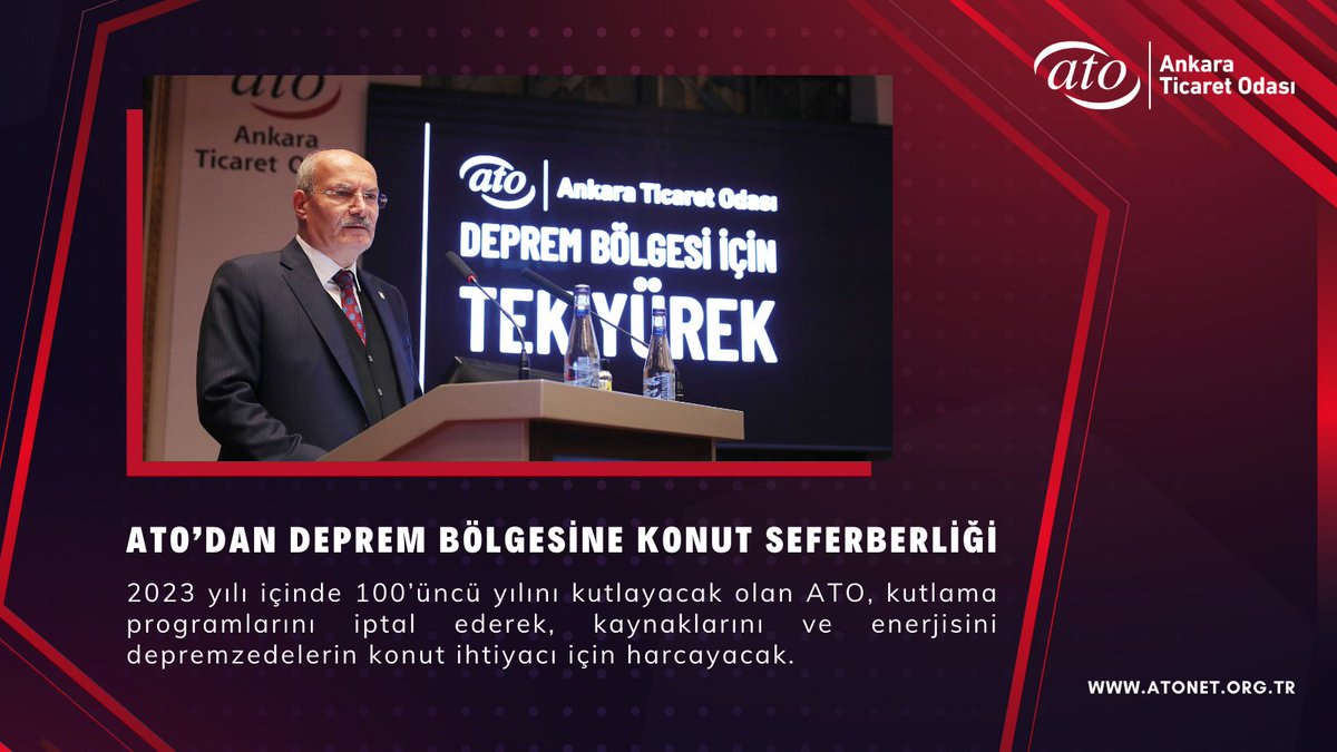 #AnkaraTicaretOdası Başkanı @GurselBaran: “Asrın felaketiyle yıkıldık, birlik beraberlikle yeniden ayağa kalkacağız. Bir tuğla da biz koyup, deprem bölgemizde #ATO 100’üncü Yıl Evleri inşa ederek yaralarımızı birlikte saracağız.” Haberin detayları için👇 bit.ly/3k8SMwF