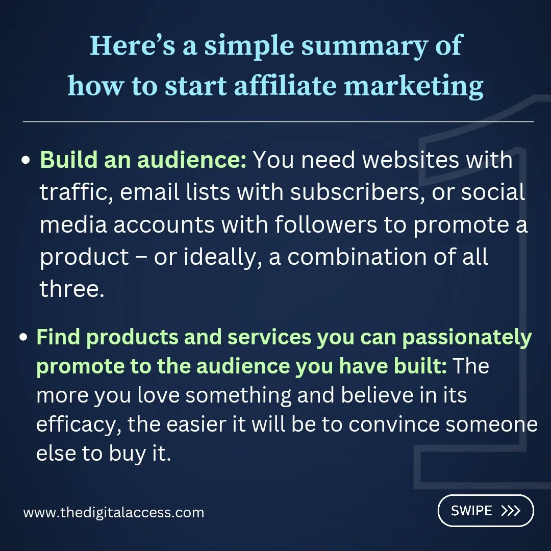 TheDigitalAcce1's tweet photo. How to start affiliate marketing? 👆
.
.
Save this for future learning 🔖🔖
.
.
#thedigitalaccess #skshahid #affiliatemarketing #affiliatemarketingtips #affiliatemarketingindia #digitaltrends #digitalinfluencers #digitalcoach #socialmedia #brand #Trending #Twitter https://t.co/WuXQyD9AQG