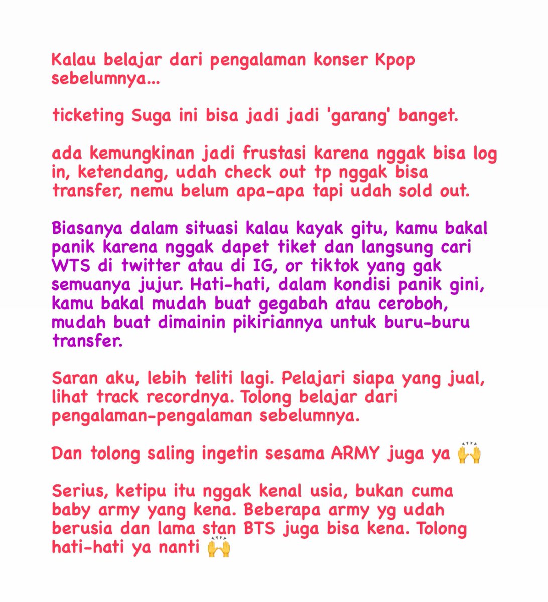 ⚠️Halo, tentang ticketing konser. Ini untuk pengingat temen-temen ARMY🤗 yg aku lihat setiap konser Kpop polanya hampir sama, karena panik, jadi mudah ketipu dan ceroboh. Jgn sampai uang kamu melayang dan malah gak bisa nonton konser. Kalau ini bermanfaat, boleh disebarin🙌