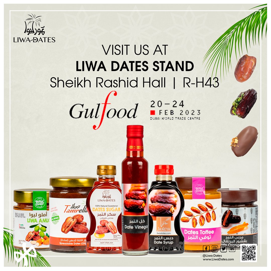 LiwaDates's tweet photo. Join us at #Gulfood next week . Sheikh Rashied Hall | R-H43
Don’t miss us !
أنضم إلينا في #جلفود الاسبوع المقبل. قاعة الشيخ راشد ر | ش ٤٣
لا تفوتنا !
#Dates #Organic #UAE #StuffedDates #LuxuryDates #Gulfood #gulfood2023 https://t.co/0lq4GlWWW5